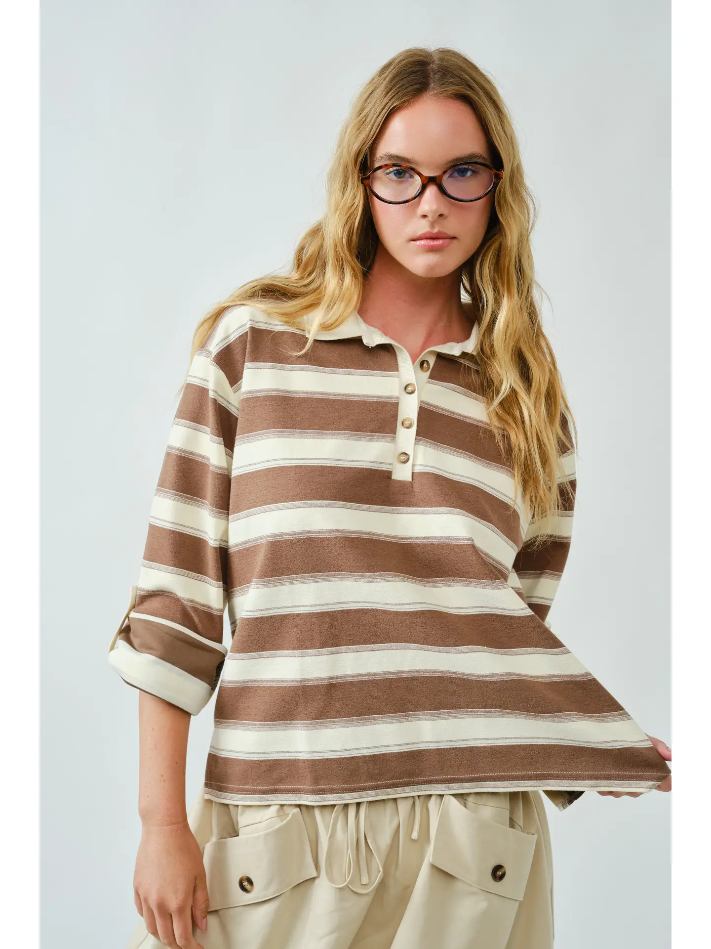 Stripe Polo T Shirt W/Sleeve Adjustable Tab - brown