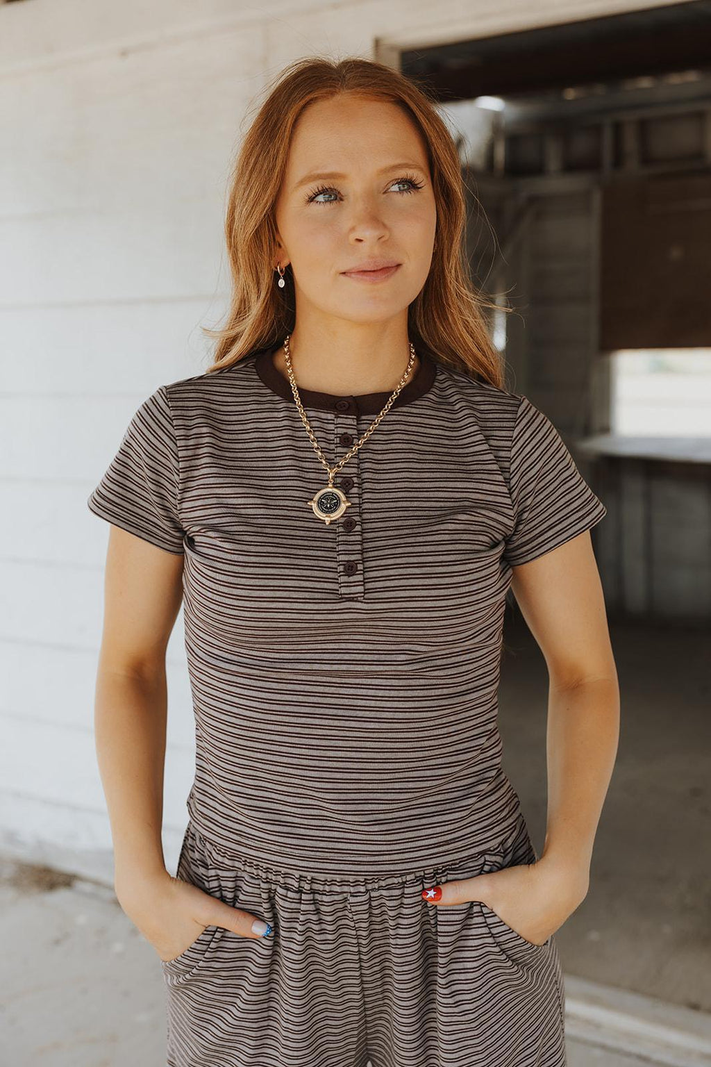Double Striped Pattern Half Snap Button Top - Brown