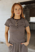 Double Striped Pattern Half Snap Button Top - Brown