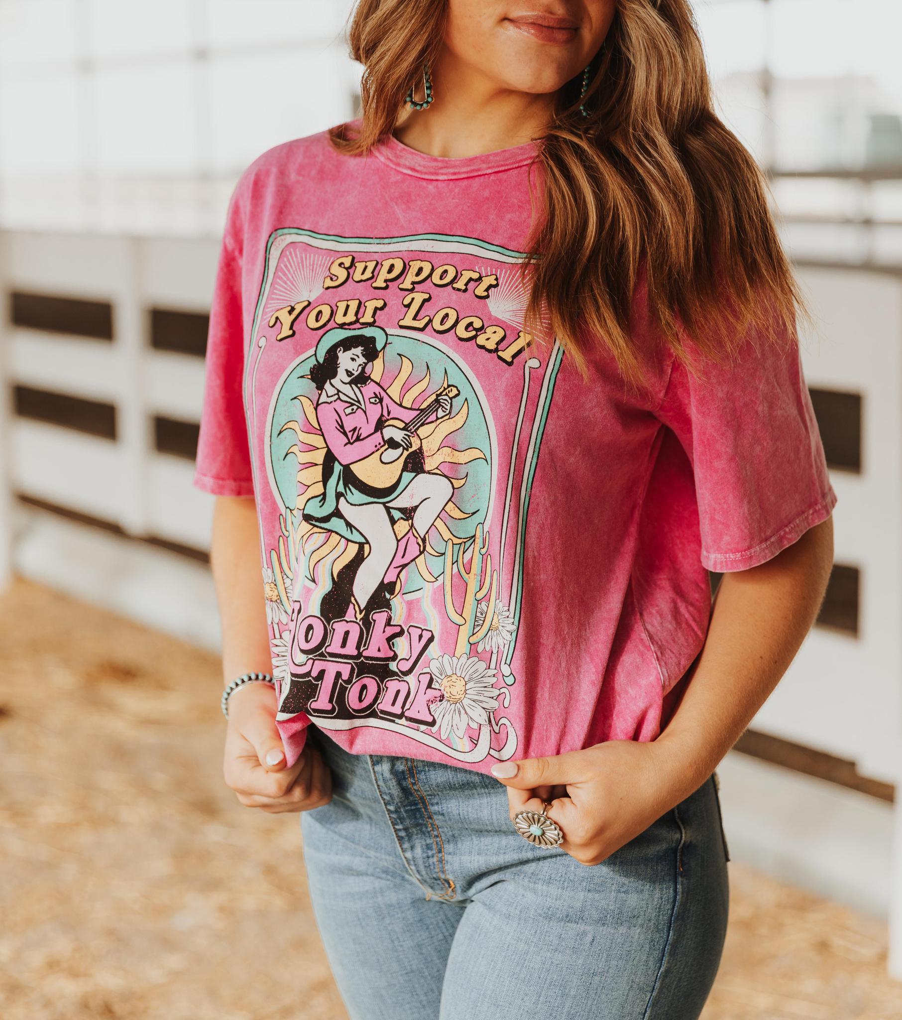 SUPPORT YOUR LOCAL HONKY TONK OVERSIZED MINERAL MAGENTA WASHED T SHIRT