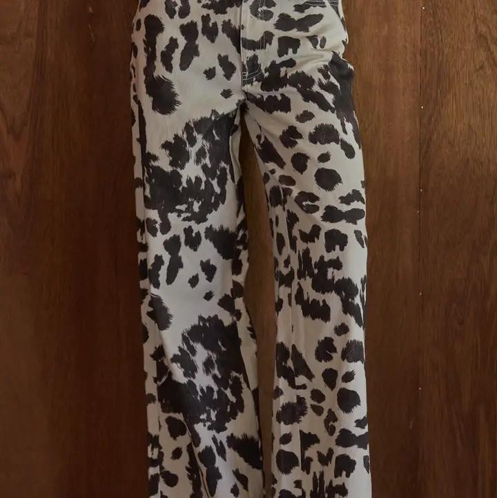 Woven Denim Cotton Animal Print Wide Leg Pants