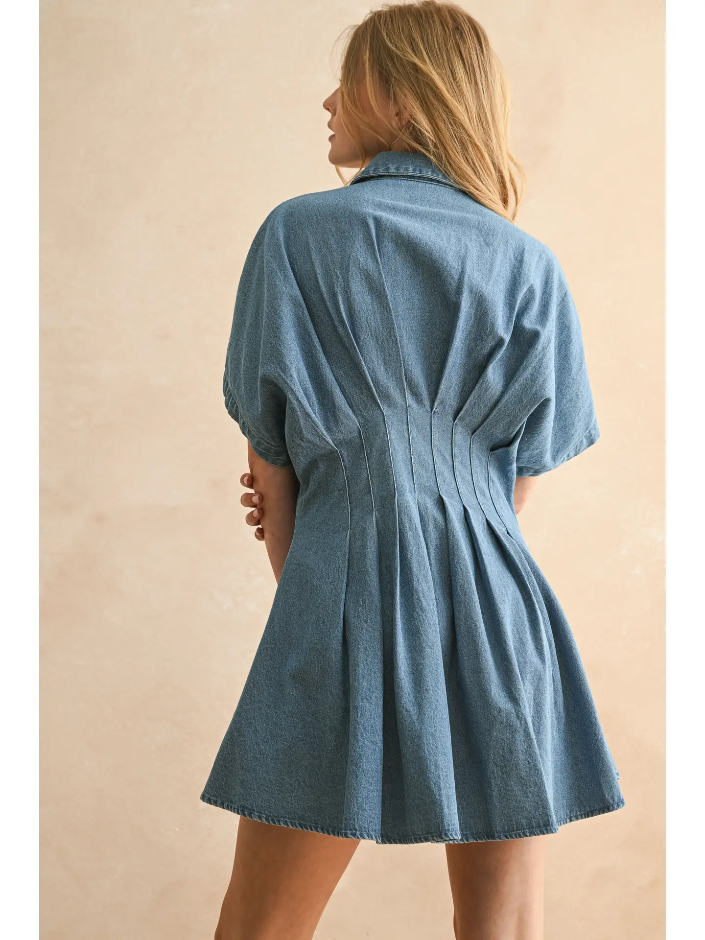 Chambray Denim Button Front w/ Pleat Detail Dress - Denim