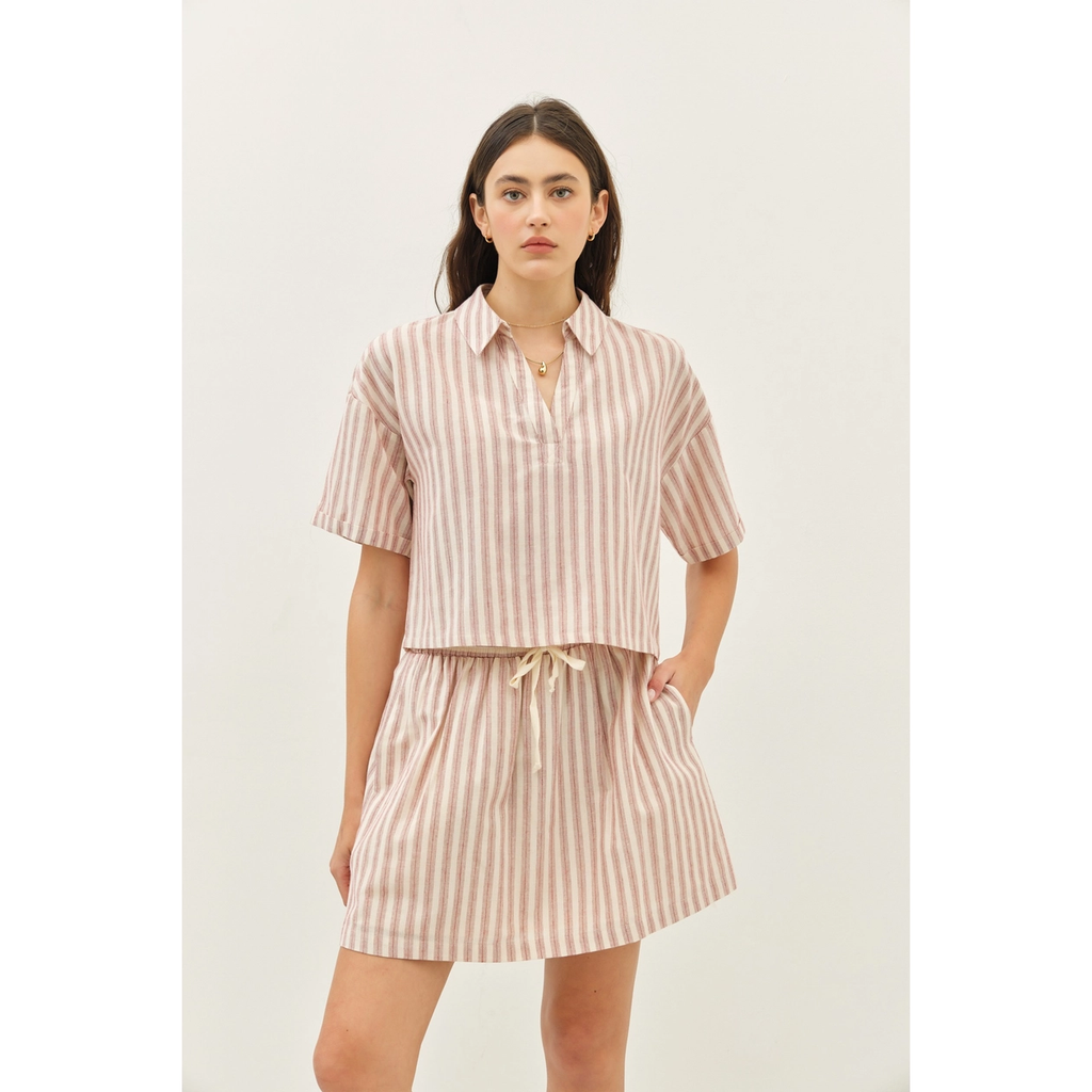 Loose Fit Stripe Polo Neck Crop Top with Drop Shoulders - Red