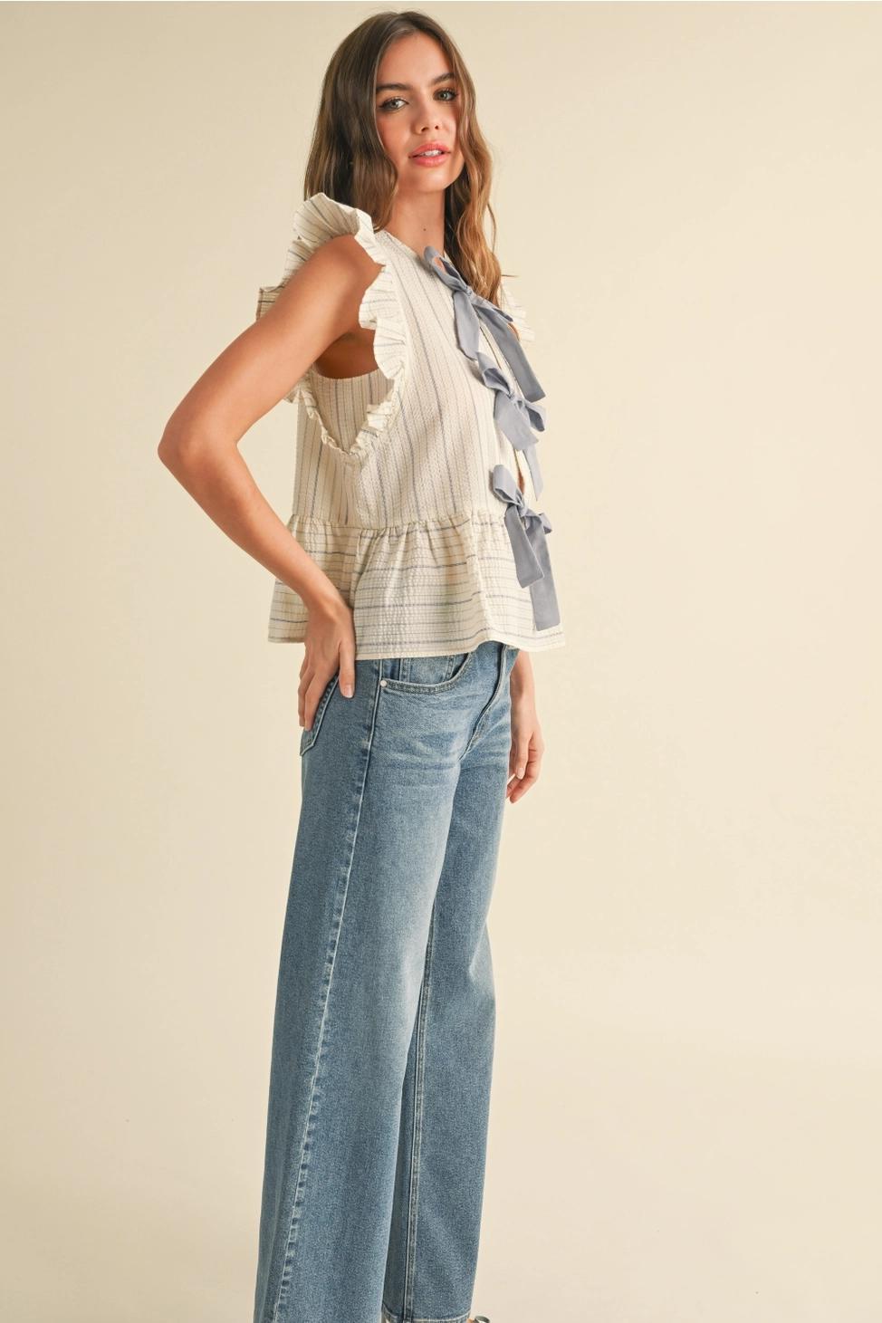 Striped with Tie Front Ruffle Sleeveless Blouse - Blue