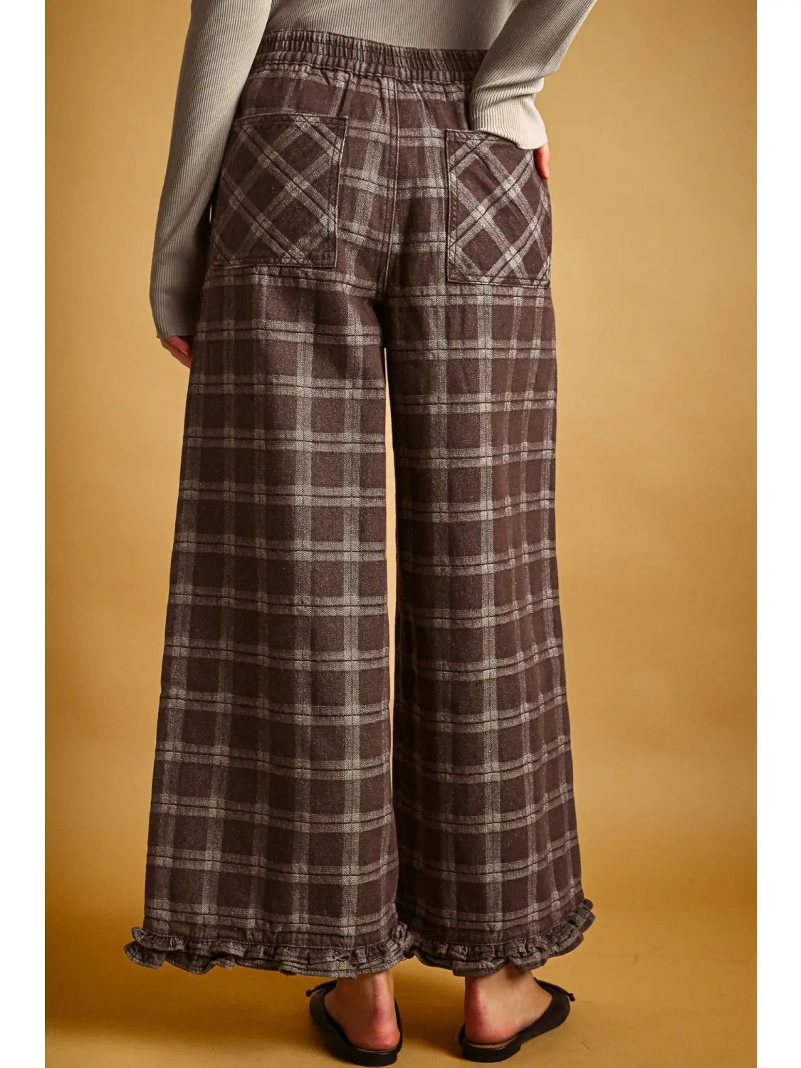 Ruffle Detail with Plaid Fabric Pants - CHOCOLATE