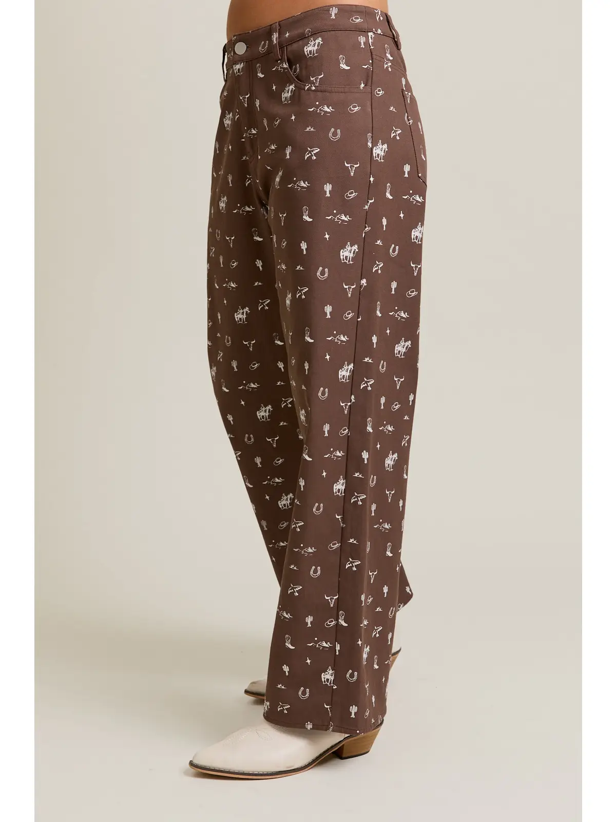 Mid-Rise Cowboy Graphic Wide Leg Pants - BROWN