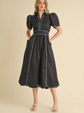 Collared Shirt Dress with Scalloped Edges - BLACK