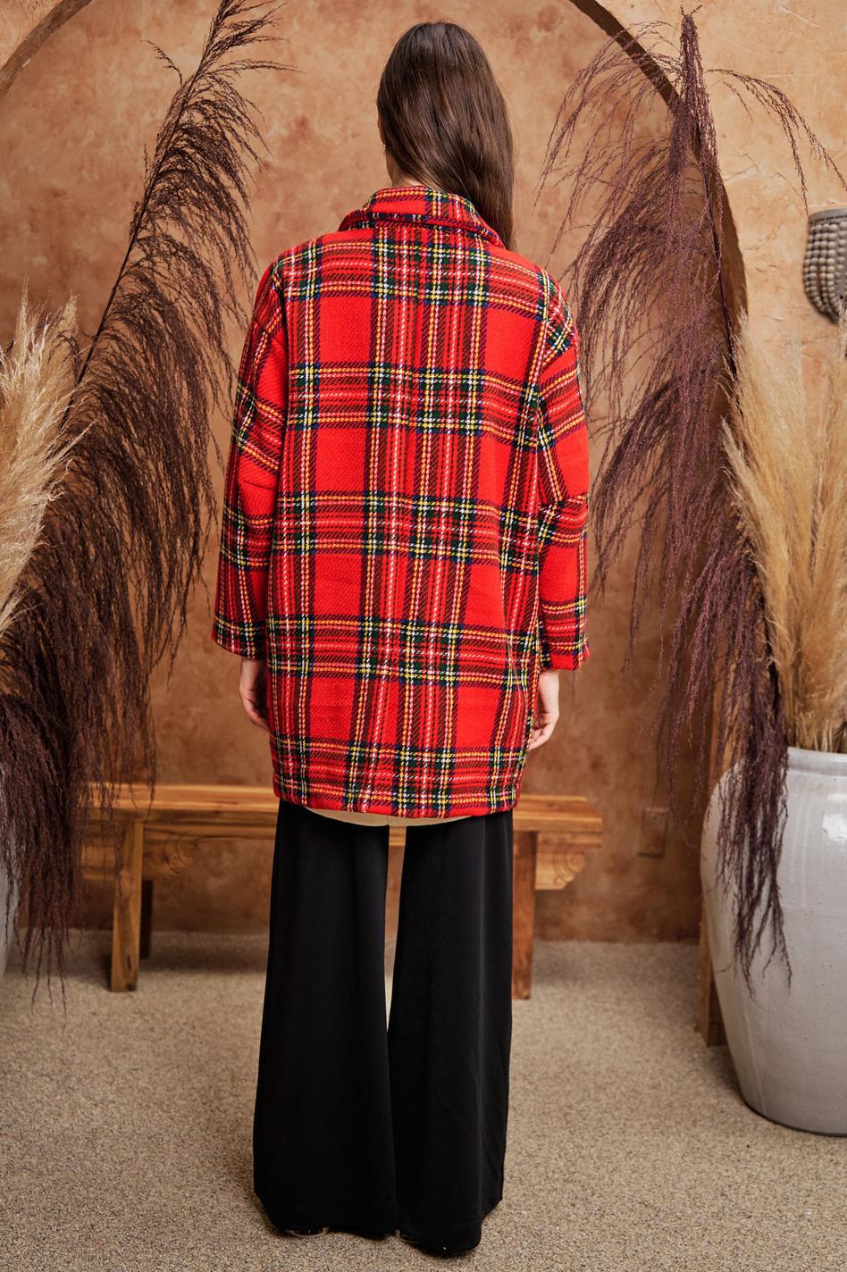 Multi Flannel Loose Fit Pocket Open Long Jacket - Red Multi