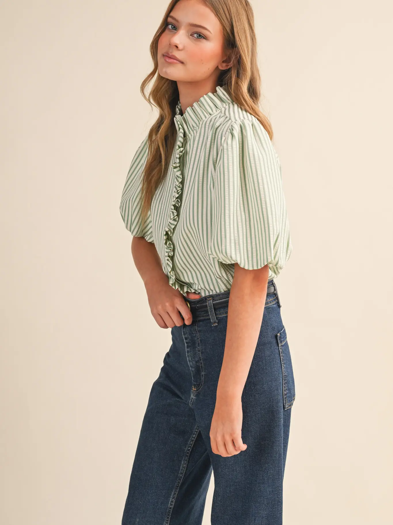 Striped Ruffled Button Down Top - SEAFOAM GREEN