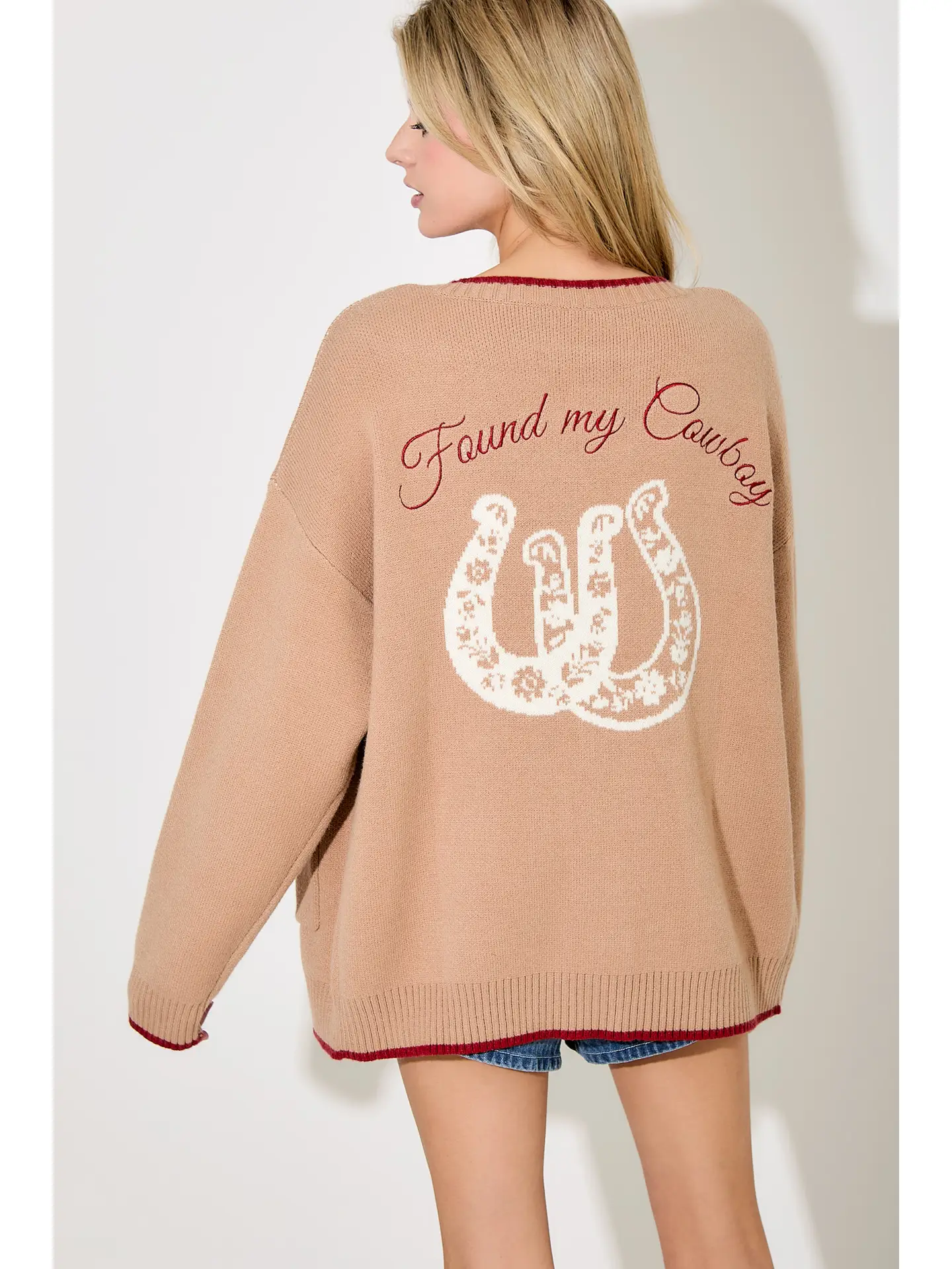Cowboy Printing Writting Cardigan - CAMEL