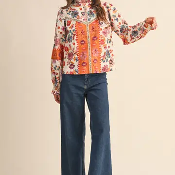 Exclusive Floral Border Print Top with Floral Trim - IVORY MULTI