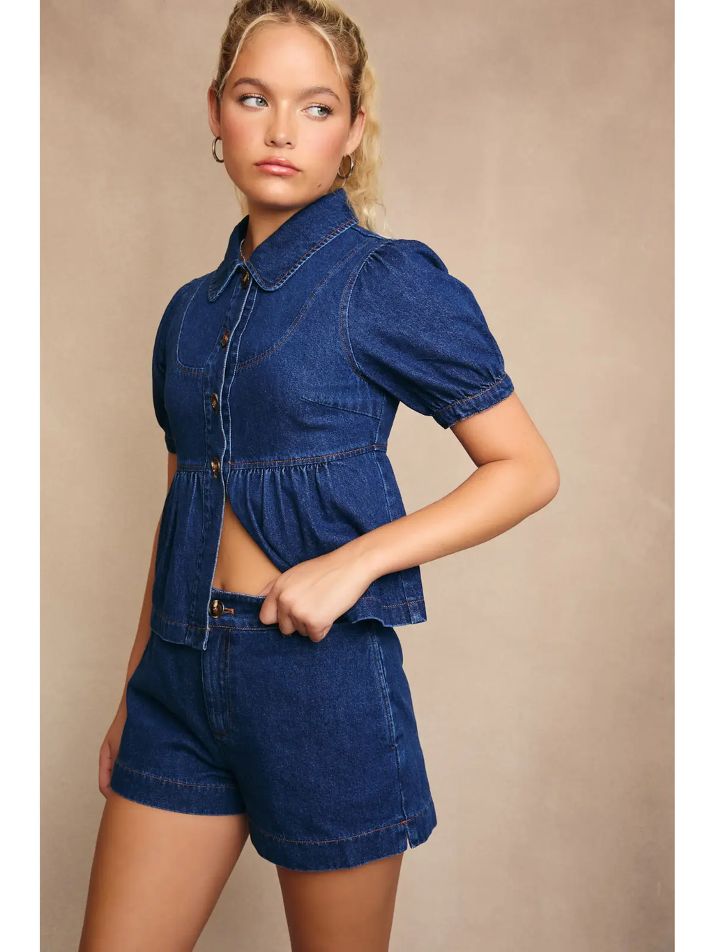 Peter Pan Collar Puff Sleeve Denim Top with Mid Rise Shorts