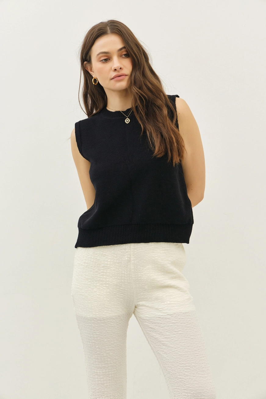 Sweater Vest Top with Back Contrast Bow Tie Details - Black