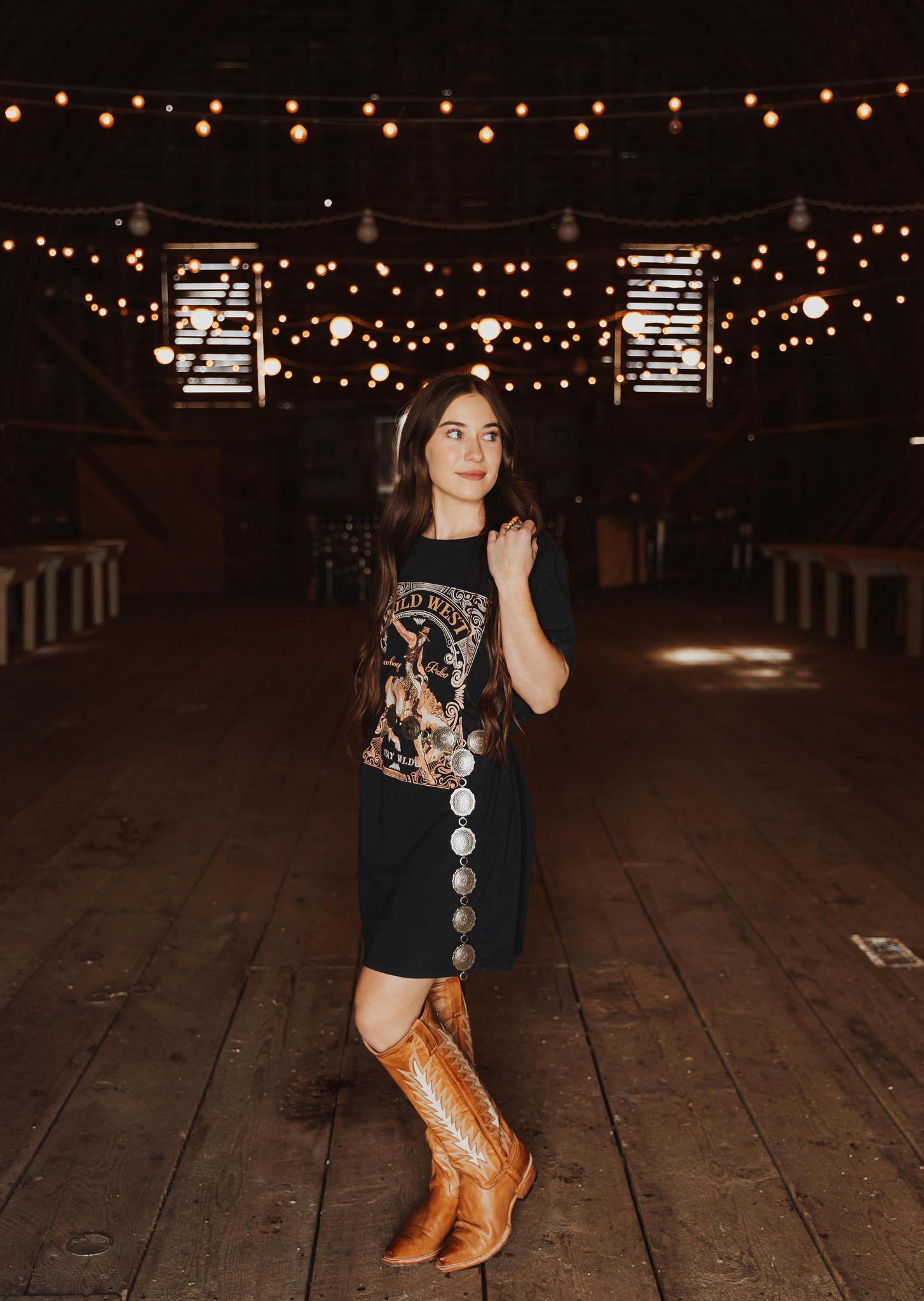 WILD WEST COWBOY RODRO GRAPHIC MINERAL WASHED DRESS - BLACK