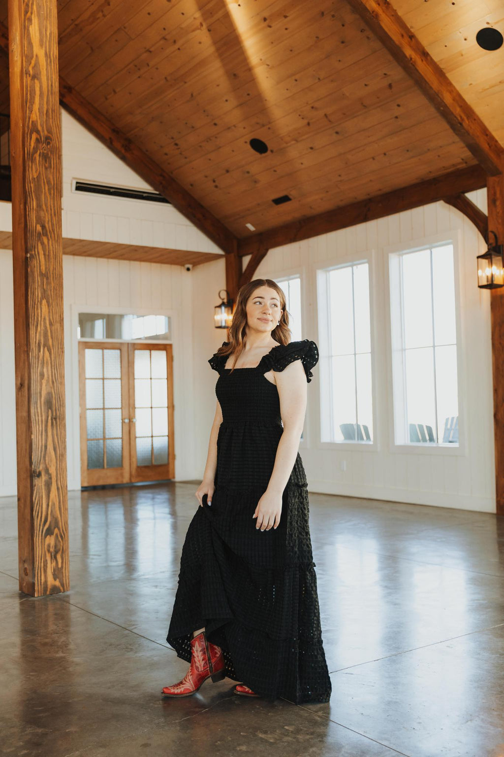 Maxi Smocking Dress in Sheer Gingham - Black