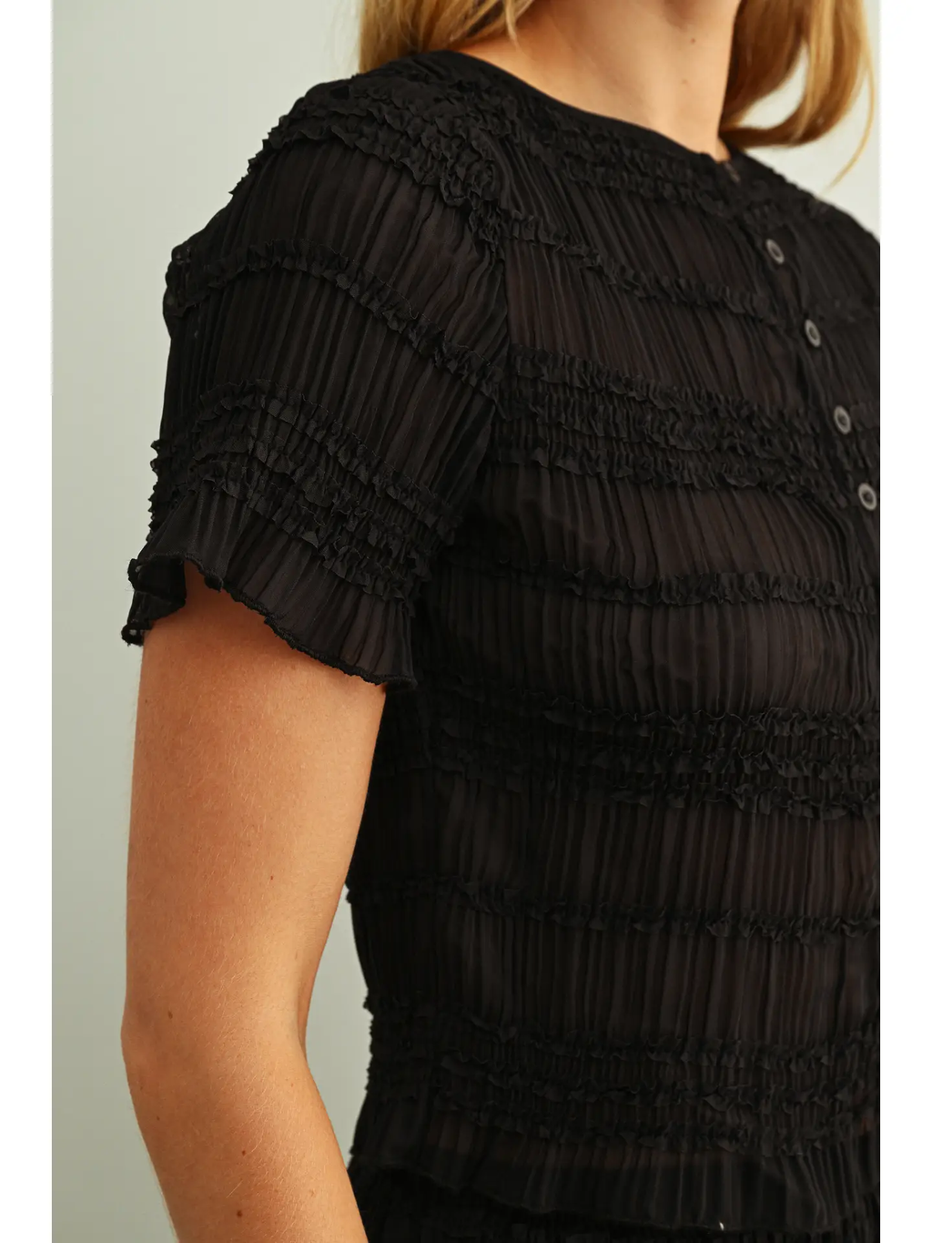Chiffon Short Sleeve Button Front Top - BLACK