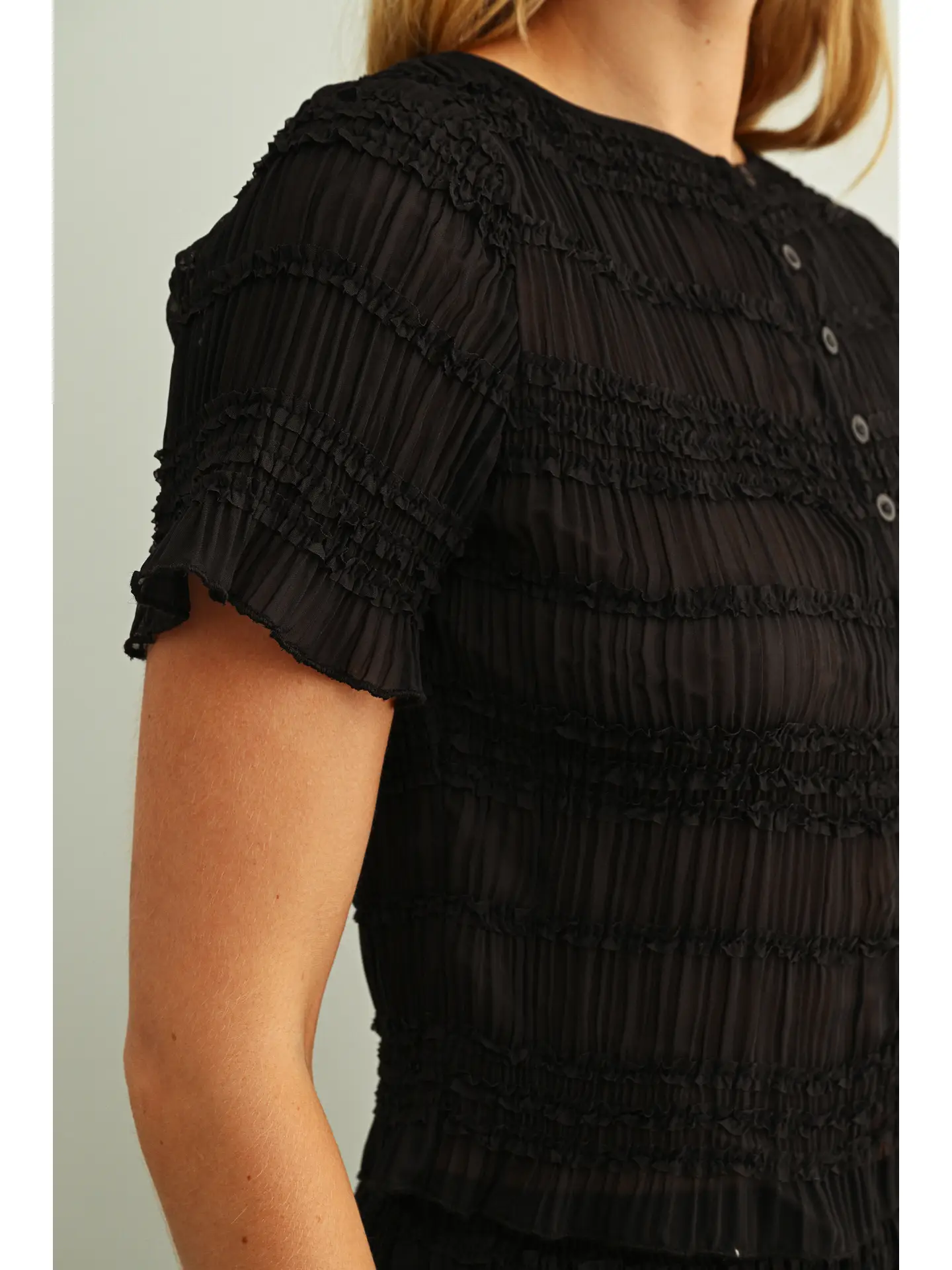 Chiffon Short Sleeve Button Front Top - BLACK