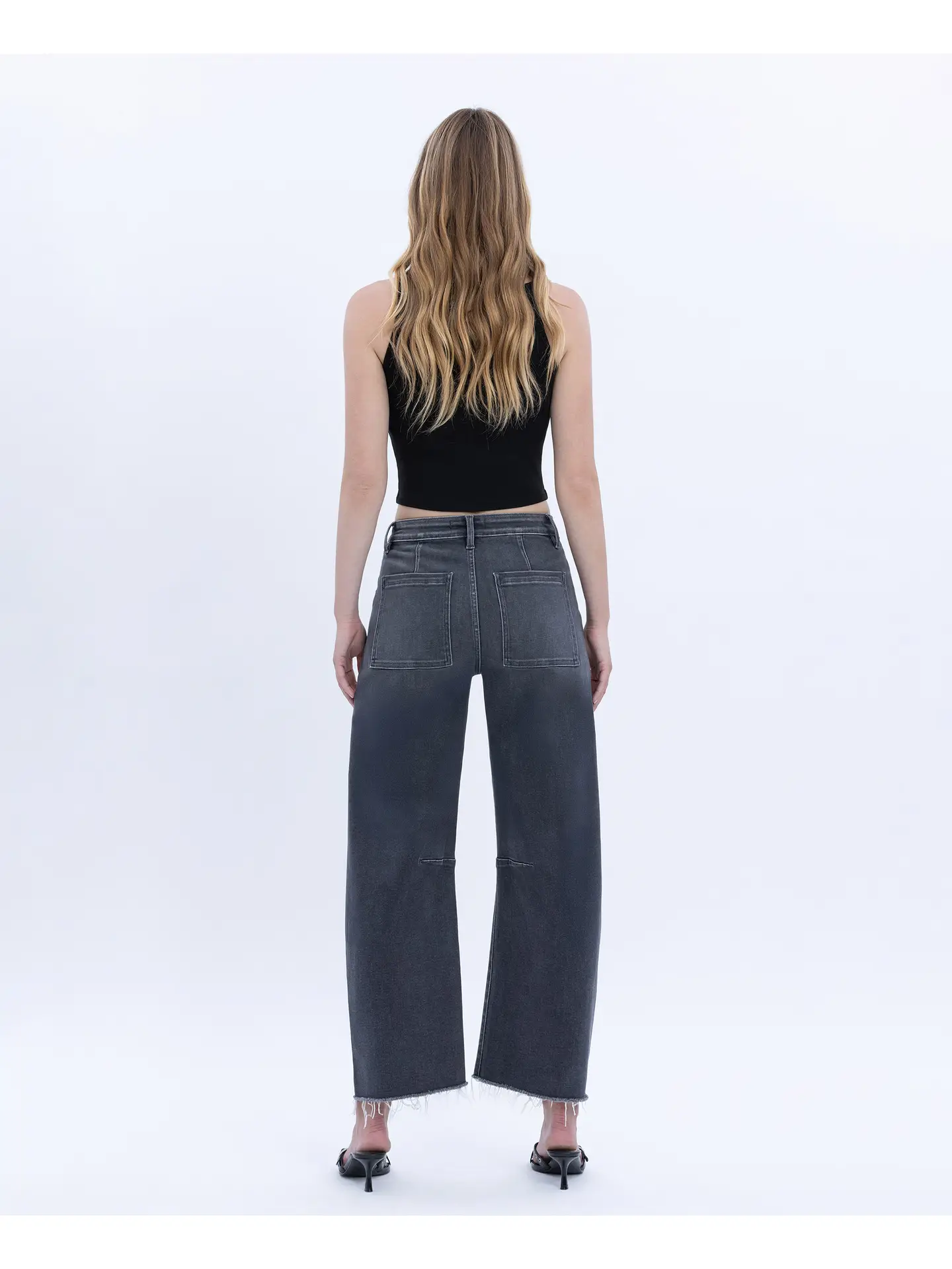 High Rise Raw Hem Crop Utility Barrel Jeans - Beachwood