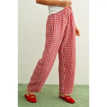 Gingham Pattern Elastic Band Waist Pants - RED/WHITE