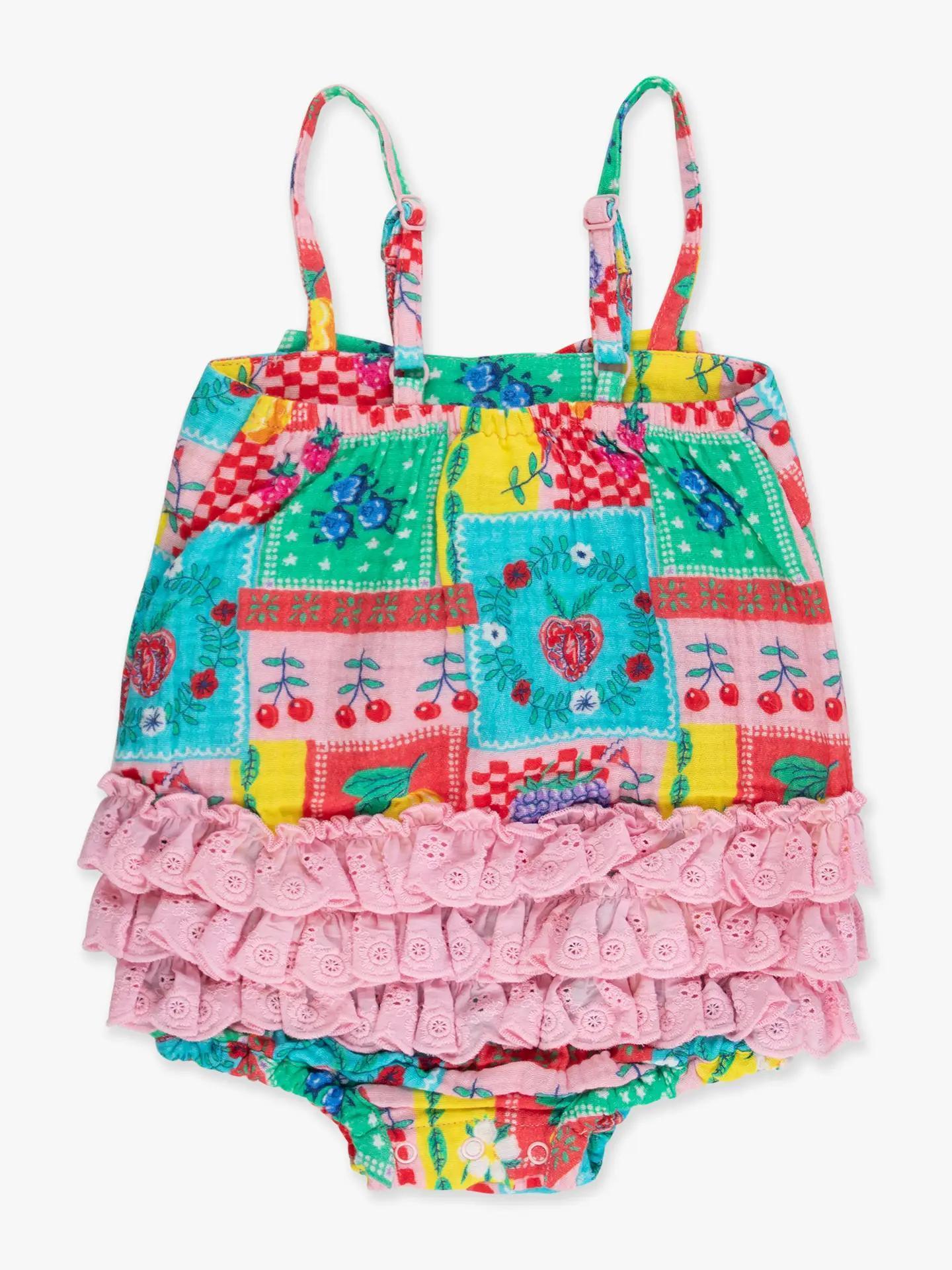 Baby Girls Picnic Party Patchwork Cotton Gauze Bow Front Bubble Woven Romper