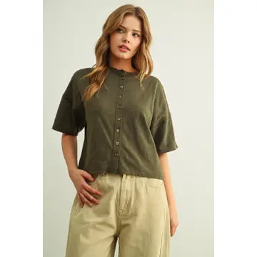Button Down Round Neck Half Sleeve Top