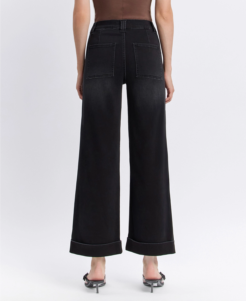 High Rise Cuffed Baggy Wide Jeans - Black