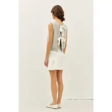 Sweater Tank Top with Back Contrast Bow - Grey/Cream