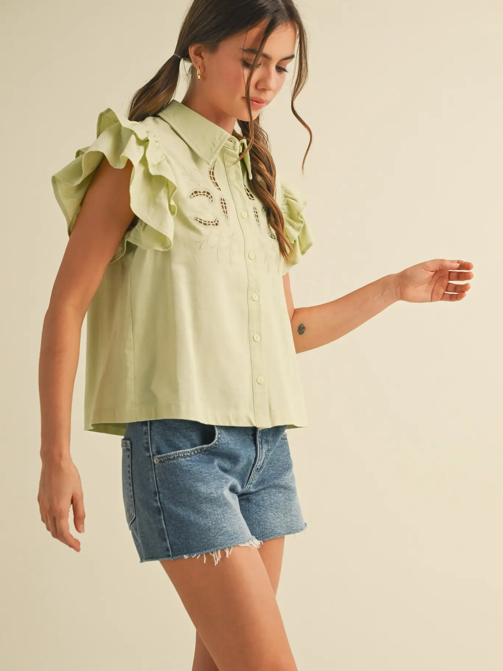 Embroidered Cut Out Button Down Top - SAGE LIME