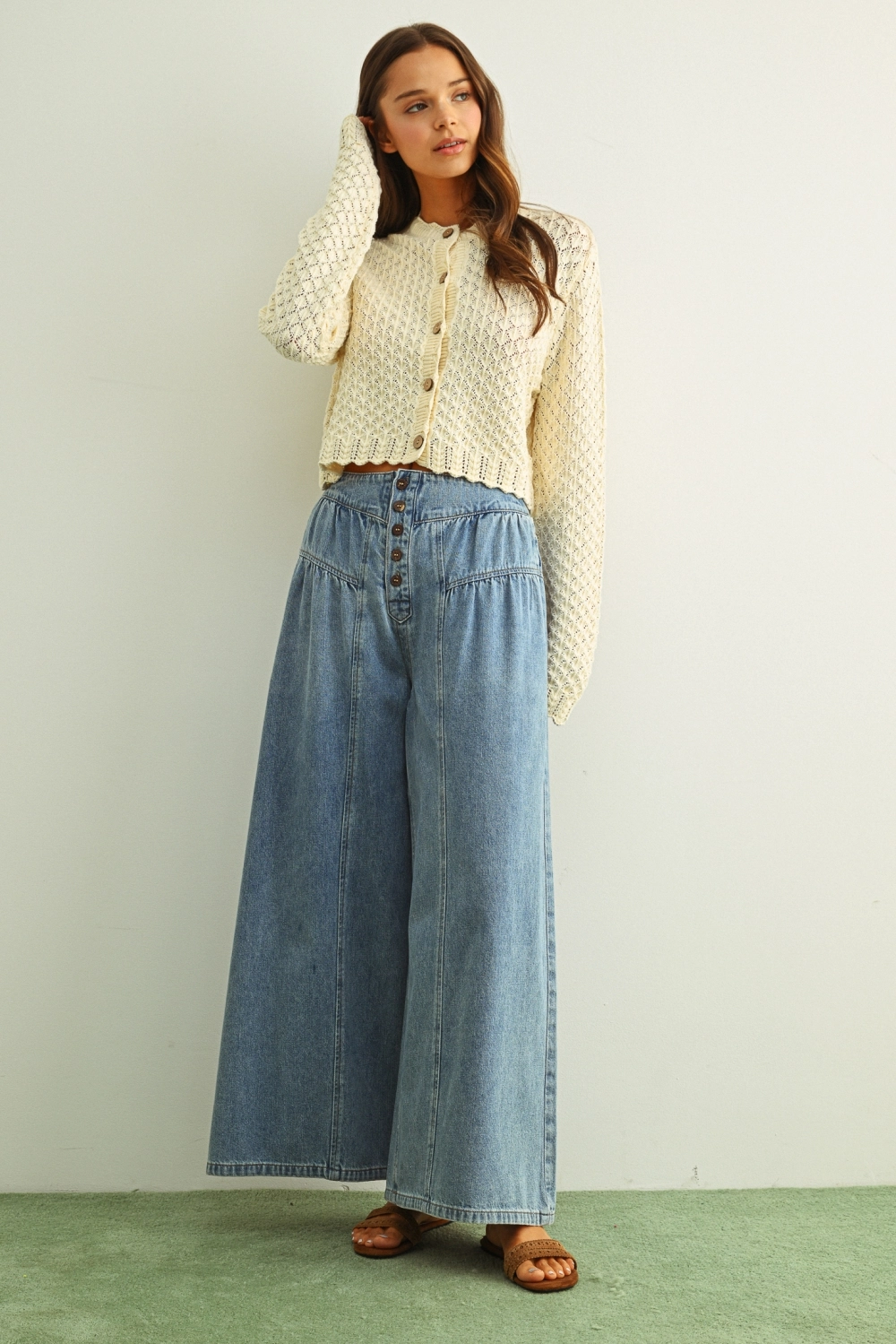 Button Front Shirring Detailed Wide Leg Pants