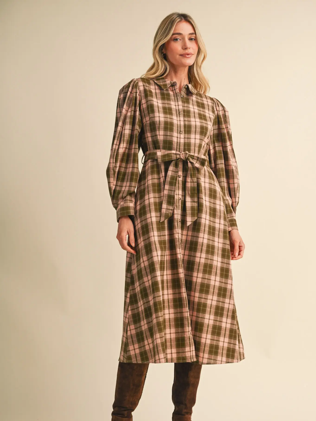 Plaid Button Down Belted Midi Dress