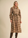 Plaid Button Down Belted Midi Dress