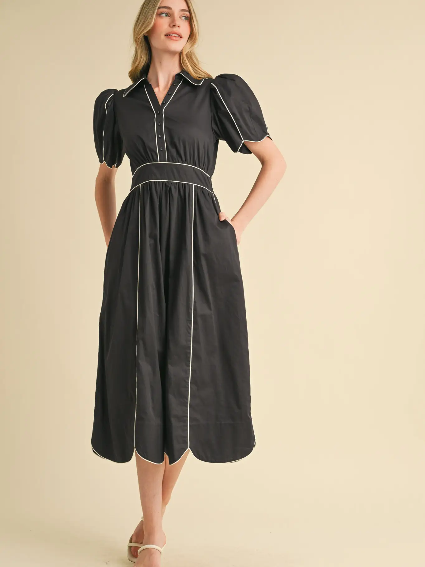 Collared Shirt Dress with Scalloped Edges - BLACK