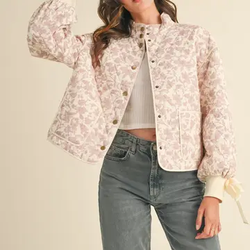 Floral Quilted Jacket with Ribbon Detail - IVORY PINK FLORAL