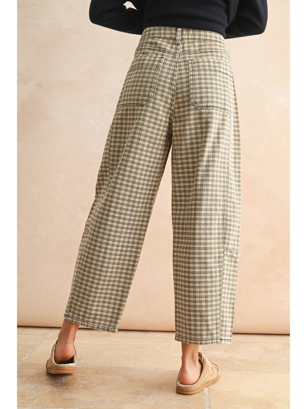 Mini Checker Pattern Barrel Pants - TAN/BROWN
