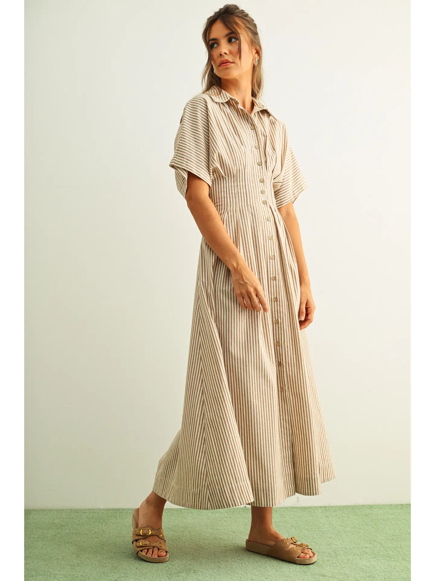 Striped Buttondown Shirt Dress - BROWN STRIPE