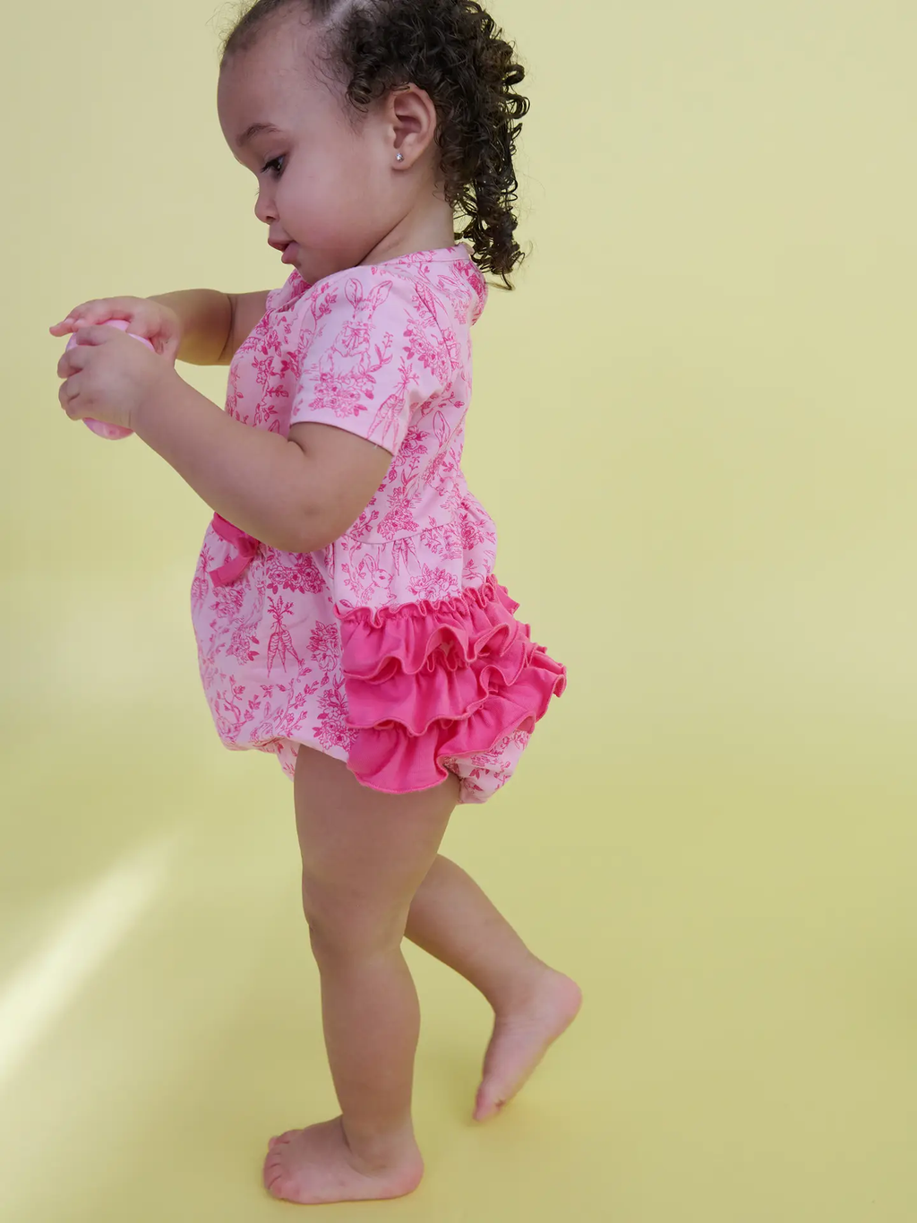 Baby Girls Pink Cottontail Toile Knit Short Sleeve Bow Bubble Romper