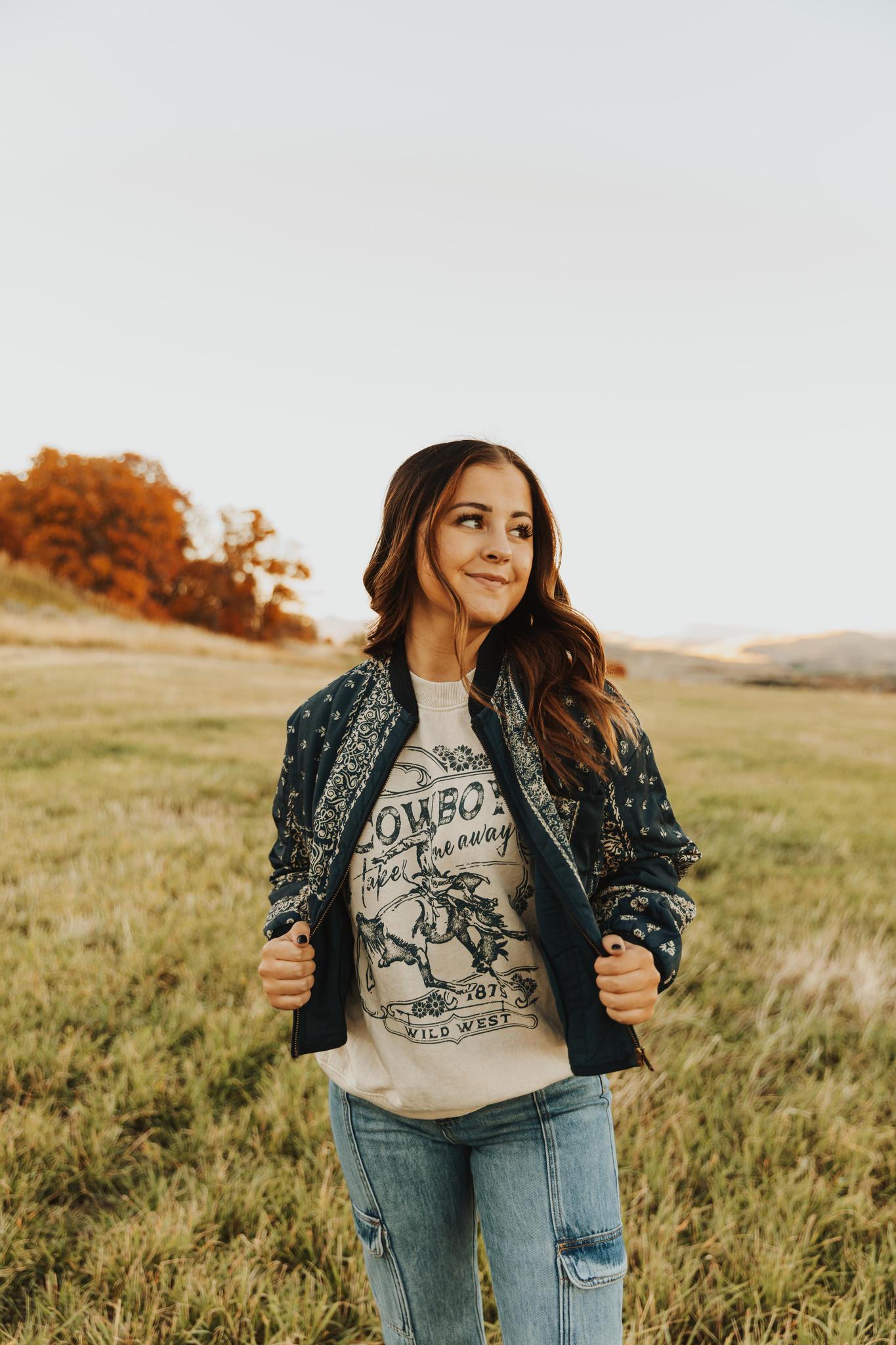 COWBOY TAKE ME AWAY WILD WEST LONG SLEEVE SWEATSHIRT - MINERAL OATMEAL