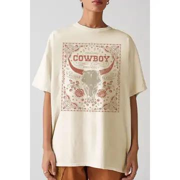 Cowboy Cow Skull Oversized Graphic Tee - Mineral Taupe