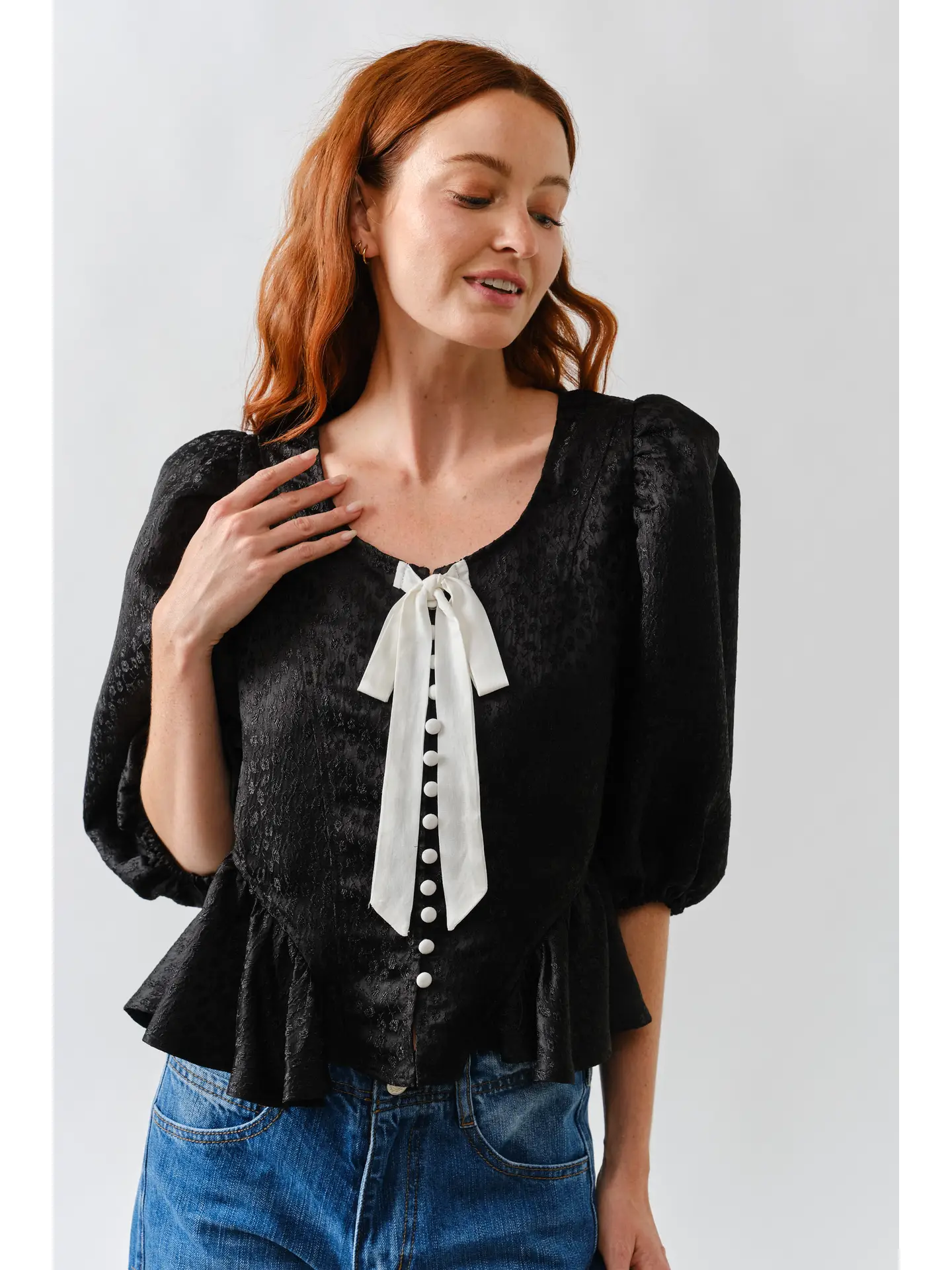 Jacquard Puffy Sleeve Bow Tie Top W/Ruffle Hem - Black