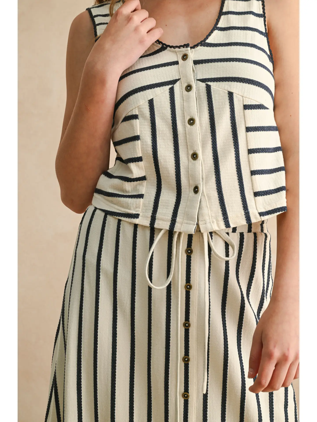 Button Front Striped Long Skirt - Cream/Navy