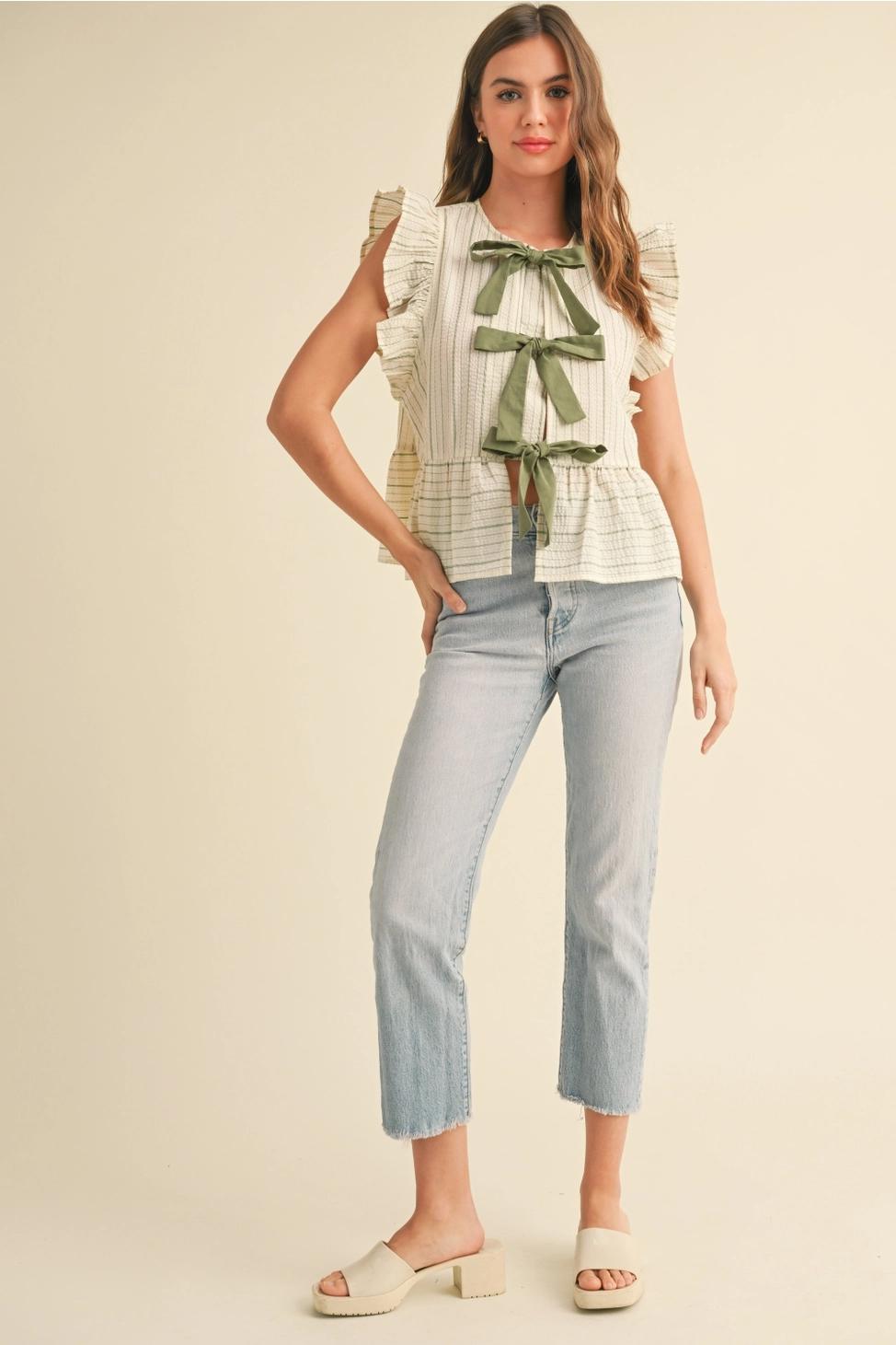 Striped with Tie Front Ruffle Sleeveless Blouse - Green
