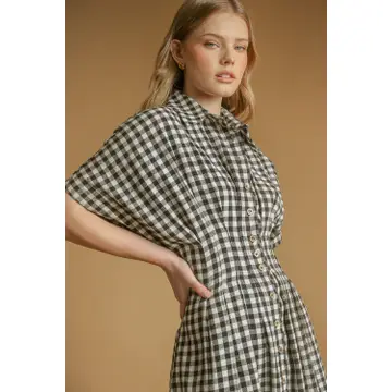 Gingham Pattern Button Down Shirt Dress - Black/Cream