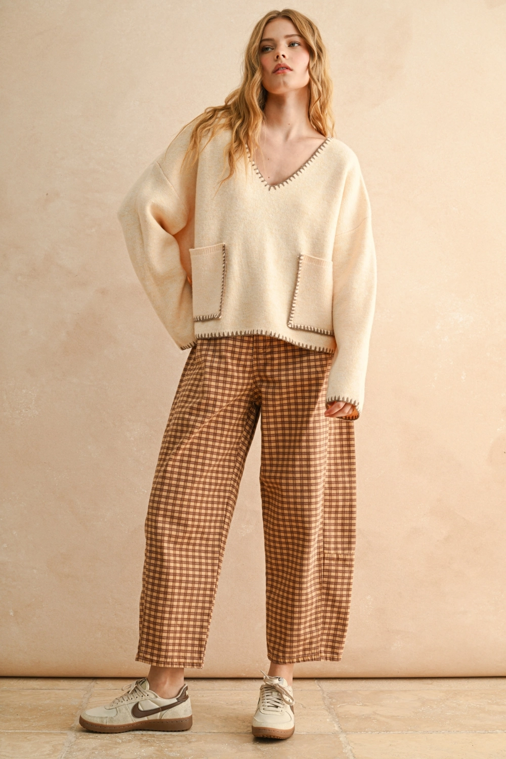 Mini Checker Pattern Barrel Pants - CAMEL/CHESTNUT