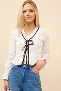 Poplin Smocked Bodice Ruffle Tie Blouse
