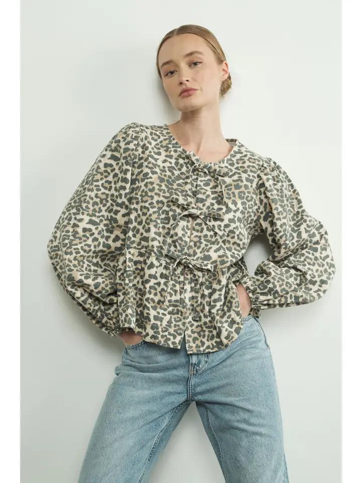 Long Sleeve Animal Print Bow Tie Blouse