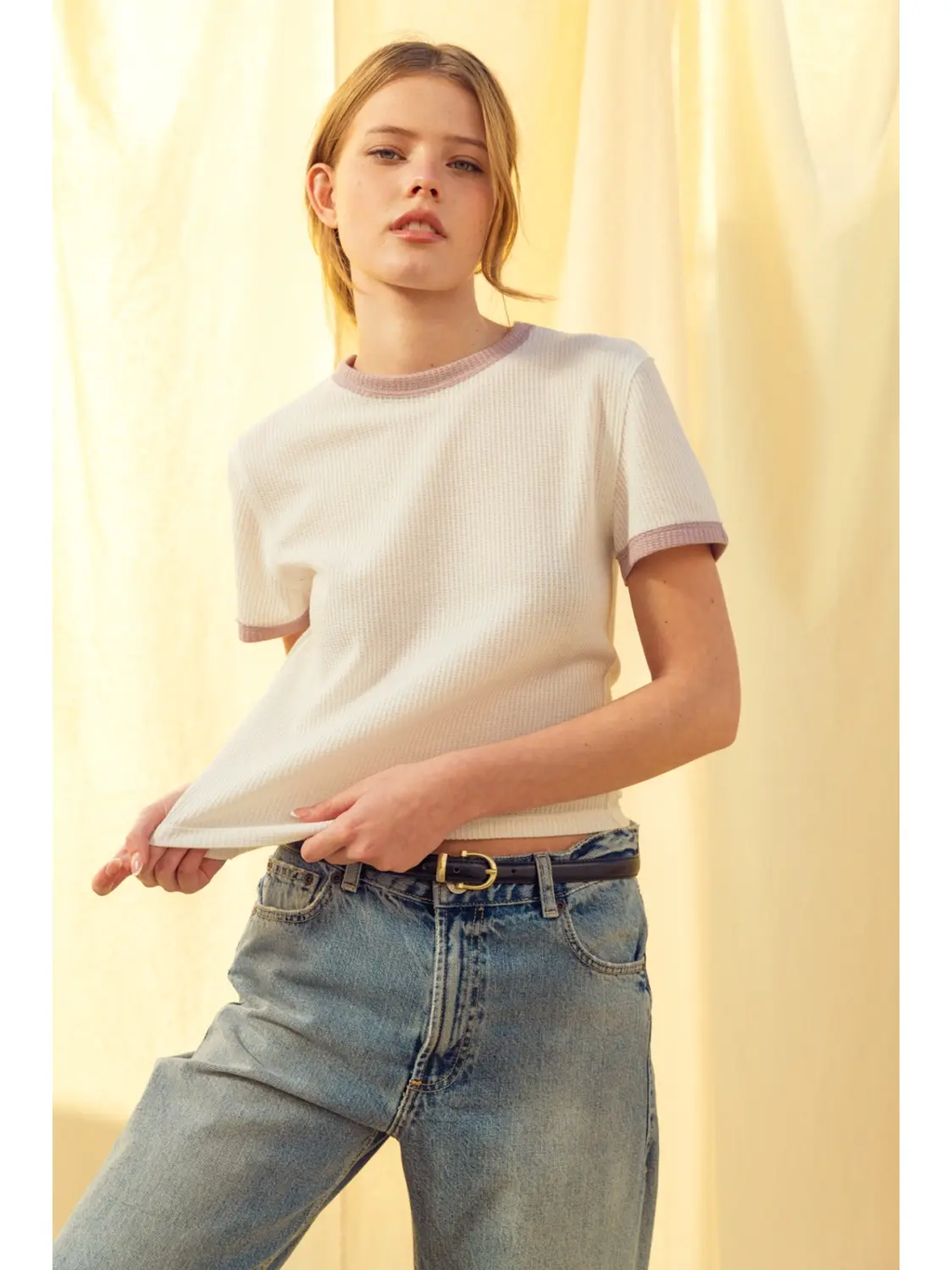 Color Combo Waffle Fabric Top - WHITE/LILAC