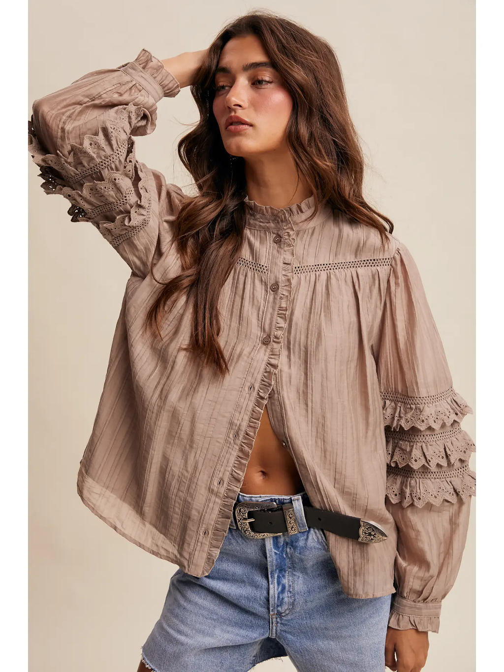 Lace Ruffle Sleeve Pintuck Blouse