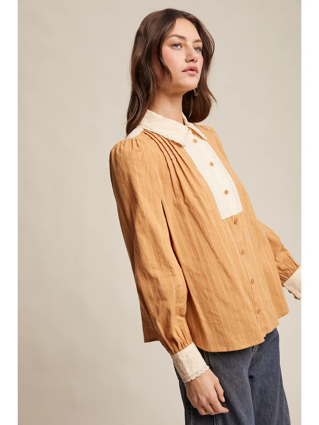 Victorian Contrast Lace Blouse - CLAY