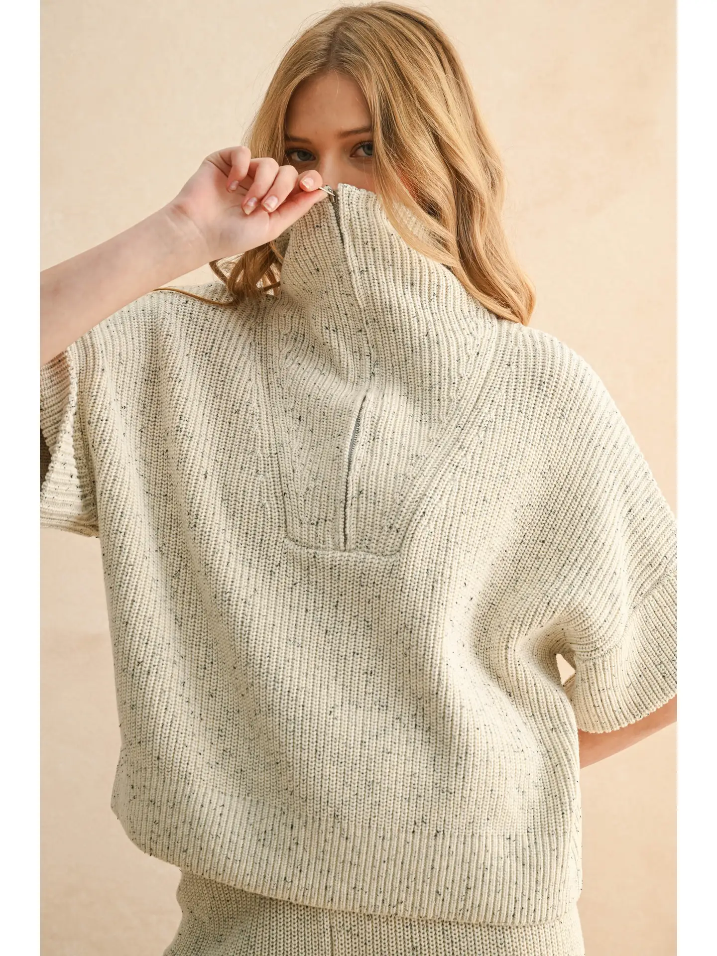 Half Zip Short Sleeve Knitted Top