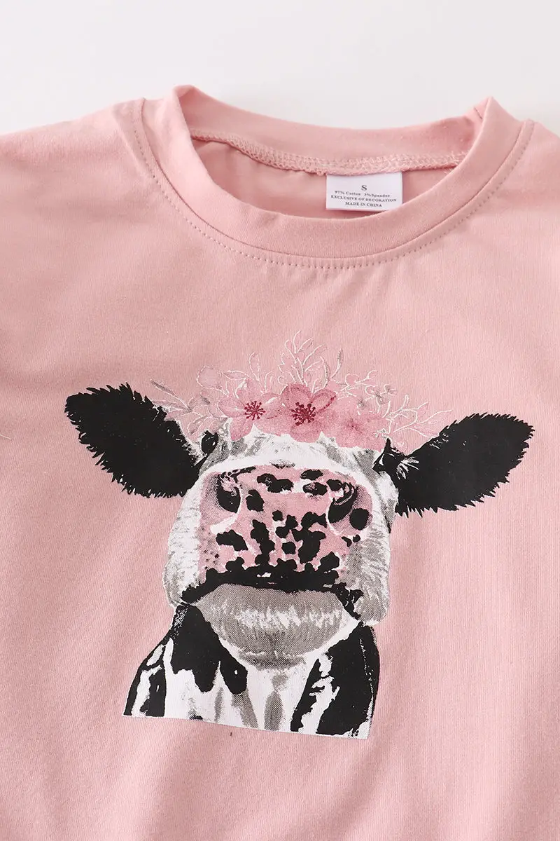 PINK COW RUFFLE GIRLS PANT SET
